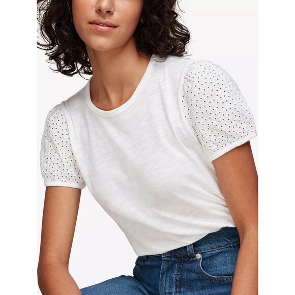 Whistles Eyelet Broderie Puff Sleeve Tee T-Shirt - Picture 1 of 12
